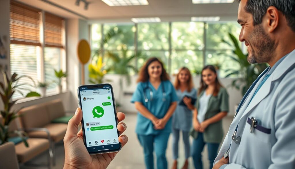 A vibrant, modern medical clinic interior, bathed in warm, soft lighting. In the foreground, a doctor uses a smartphone to demonstrate the WhatsApp messaging app, its familiar interface and chat windows displayed prominently. Behind them, nurses and patients engage in lively discussions, their faces beaming with satisfaction. The clinic's waiting area is visible in the background, filled with lush greenery, comfortable seating, and a calming atmosphere that puts visitors at ease. The overall scene conveys the idea of WhatsApp as a valuable, free marketing tool that enhances patient-provider communication and streamlines clinic operations.