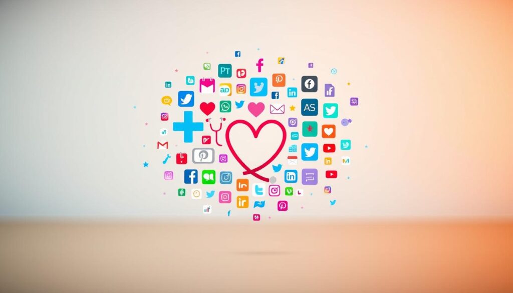 A vibrant mosaic of digital wellness icons and symbols floats in a serene, minimalist atmosphere. In the foreground, a stylized medical cross and a heart shape intersect, representing the connection between healthcare and social media. The middle ground features a variety of app logos, including a stethoscope, a calendar, and a chat bubble, conveying the diverse ways in which social platforms can support medical practices. The background is a soft, blurred gradient, placing the focus on the central medical-social media fusion. Warm, diffused lighting creates a sense of openness and approachability. The overall composition suggests the power of leveraging social networks to build medical authority and engage with patients.