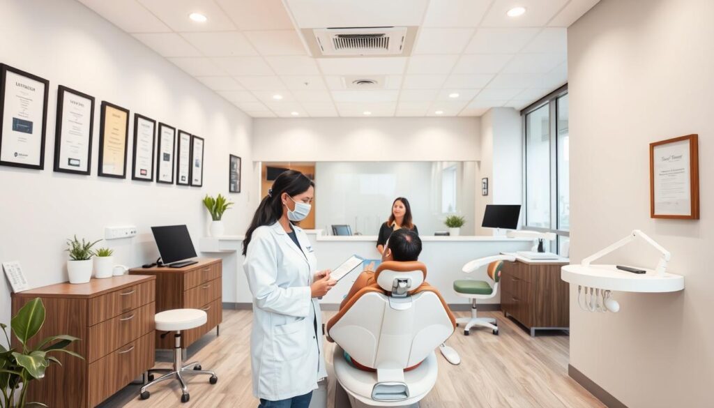 A vibrant, professional dental clinic with a sleek, modern interior. In the foreground, a dentist in a white coat stands next to a patient in a dental chair, discussing treatment options. The walls are adorned with framed certificates and diplomas, conveying expertise and credibility. In the middle ground, a reception desk with a warm, welcoming receptionist greets patients. The background features state-of-the-art dental equipment and a soothing, neutral color palette, creating a calming and reassuring atmosphere. The overall scene exudes a sense of trust, professionalism, and a commitment to providing high-quality dental care.
