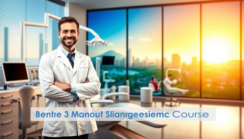 A vibrant, professional-looking image showcasing the benefits of a free dental practice management course. In the foreground, a smiling dentist in a white lab coat stands beside a sleek, modern dental chair, with an array of dental tools and equipment neatly arranged nearby. The middle ground features a stylized illustration of a thriving dental practice, with patients receiving checkups and procedures, while the background depicts a serene, sun-dappled cityscape, conveying a sense of prosperity and success. The lighting is soft and flattering, with a warm, inviting color palette that evokes feelings of trust and competence. The overall composition is balanced and visually compelling, capturing the essence of the course's valuable benefits for dental professionals.