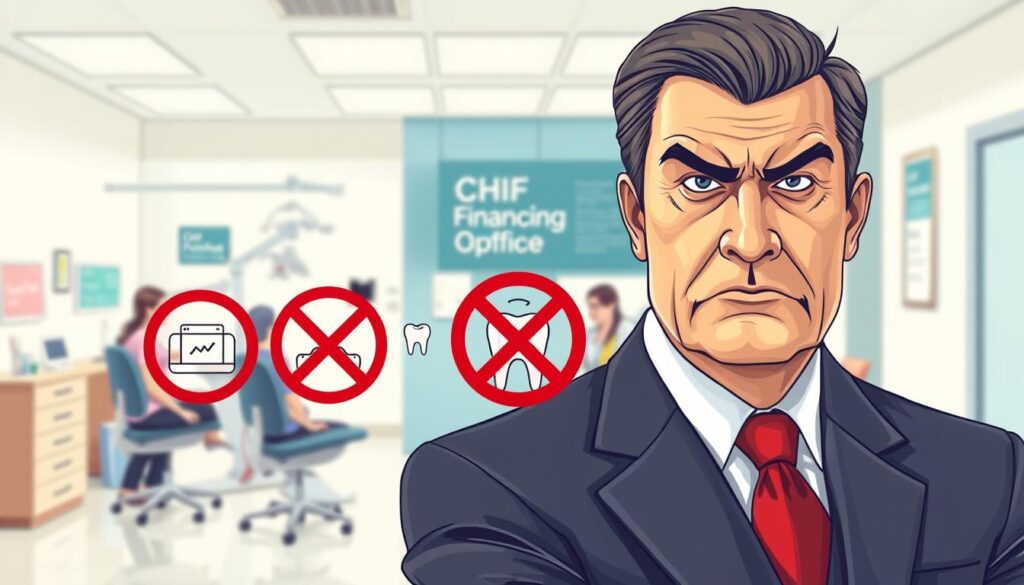 A vibrant, richly detailed illustration depicting the rules and regulations that dental professionals must follow when engaging in marketing activities. The foreground features a stern-faced, formally dressed chief financial officer (CFO) figure, their expression conveying a sense of authority and disapproval. Behind them, a busy dental clinic scene unfolds, with patients, dental equipment, and signage visible. The middle ground showcases a series of icons and symbols representing various marketing tactics, each with a prominent 'X' or 'Prohibited' mark overlaid, suggesting the CFO's strict guidelines. The background is a clean, minimalist office setting, emphasizing the professional, corporate nature of the subject matter. The overall mood is one of formal, institutional control, with a touch of tension and restriction surrounding the marketing endeavors of the dental practice.