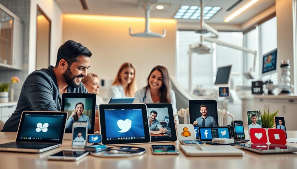 A vibrant social media landscape for dentists, with an array of digital platforms arranged in the foreground. In the middle ground, smiling dental patients engaging with content, while in the background, a modern dental office with advanced equipment and sleek decor. The image is bathed in warm, natural lighting, creating a welcoming and professional atmosphere. The composition emphasizes the importance of leveraging social media to connect with patients, showcase expertise, and promote dental services in an appealing and accessible manner.