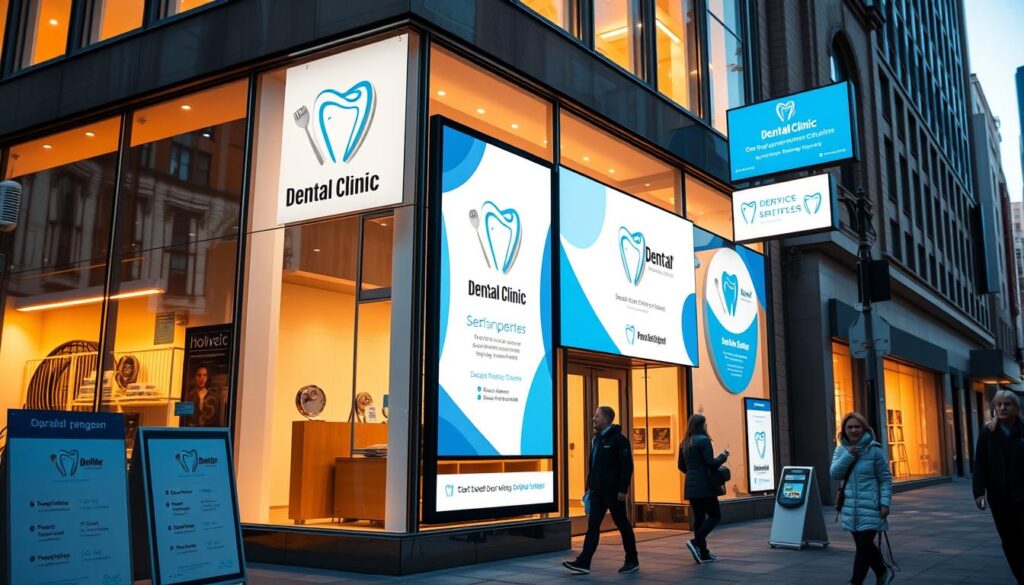 A vibrant storefront on a bustling city street, adorned with eye-catching digital marketing signage for a modern dental clinic. The clinic's logo and branding elements are prominently displayed, inviting passersby to learn more about the services offered. Sleek, minimalist designs in a color palette of blues and whites create a sense of professionalism and expertise. Warm, natural lighting from large windows illuminates the scene, giving it an upbeat, welcoming atmosphere. The image conveys a sense of a cutting-edge, forward-thinking dental practice that leverages the power of digital advertising to attract new patients.
