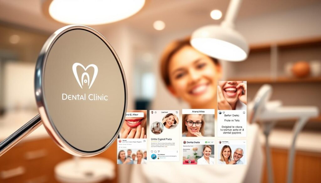 A vibrant, stylish dental clinic social media layout, featuring a modern and professional design. In the foreground, a polished dental mirror reflects the clinic's logo, conveying a sense of authority and expertise. The middle ground showcases a grid of carefully curated social media posts, showcasing before-and-after patient photos, educational dental tips, and highlights of the clinic's services. In the background, a soft, out-of-focus image of a smiling patient, exuding a feeling of trust and positive patient experiences. The overall scene is bathed in warm, gentle lighting, creating a welcoming and approachable atmosphere for the clinic's online presence.