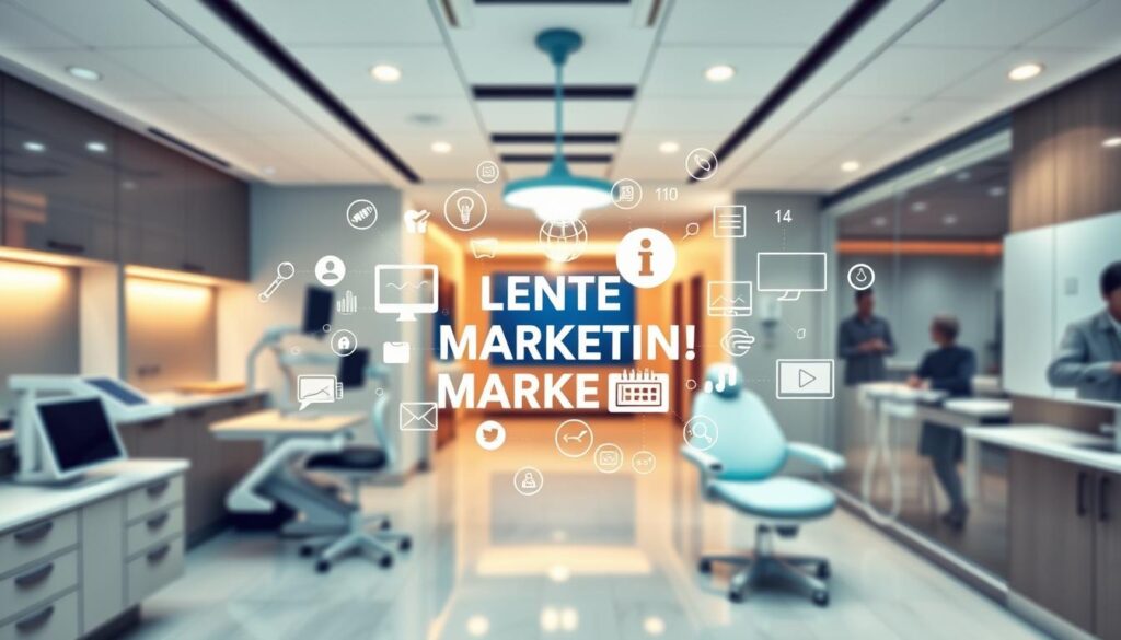 A vibrant visual showcase of effective dental marketing strategies, with a dynamic foreground featuring a modern dental clinic's sleek interior design, complete with state-of-the-art equipment and a warm, inviting atmosphere. In the middle ground, an array of digital marketing tools and tactics are artfully displayed, including social media platforms, targeted advertising, and search engine optimization techniques. The background offers a subtle, yet impactful, representation of a thriving patient community, highlighting the clinic's commitment to patient-centric care and its positive impact on the local community. The overall scene conveys a sense of professionalism, innovation, and a deep understanding of the nuances of successful dental marketing.