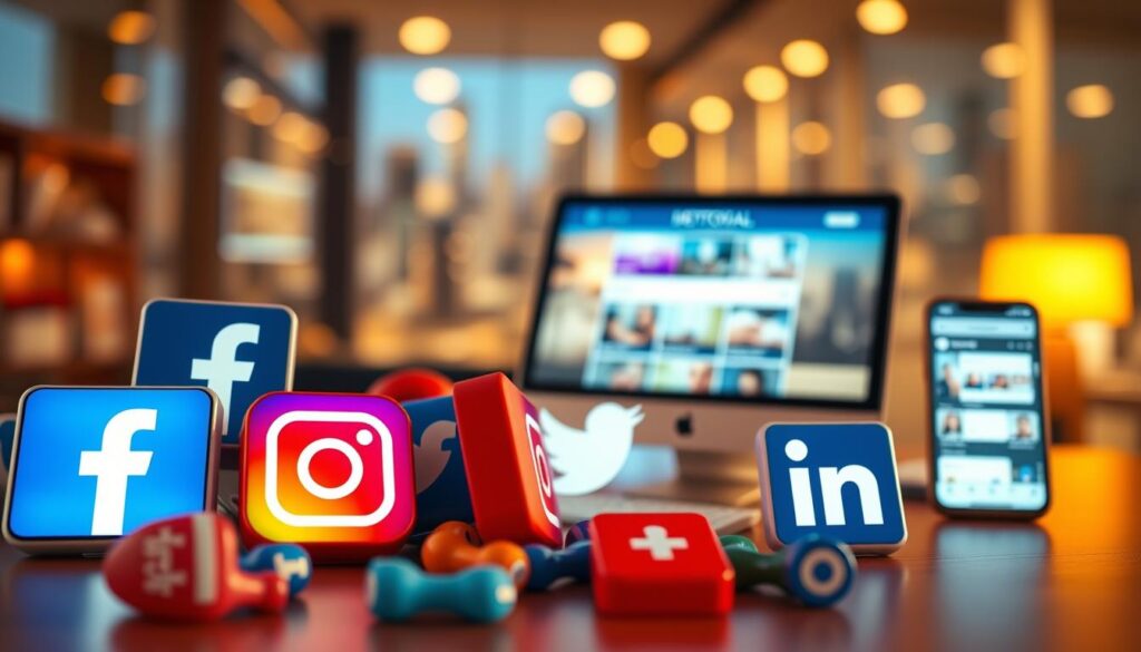 A vibrant, visually engaging depiction of social media's role in modern dental marketing. In the foreground, various social media platforms are represented by their iconic logos - Facebook, Instagram, Twitter, and LinkedIn - arranged in a dynamic composition. The midground showcases a dental clinic's online presence, with a sleek website and active social media channels displayed on digital devices. The background features a blurred cityscape, hinting at the broader reach and impact of social media in the dental industry. The scene is illuminated by warm, ambient lighting, creating a professional and approachable atmosphere. Captured through a wide-angle lens, the image conveys the expansive power of social media in the world of dentistry.