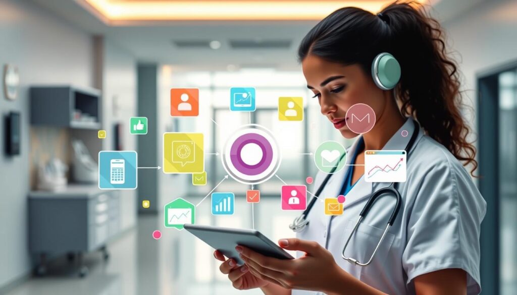 A vibrant, visually engaging digital marketing strategies illustration for the healthcare industry. In the foreground, a healthcare professional using a tablet to analyze web analytics and digital campaign performance data. In the middle ground, various digital marketing tactics such as social media, search engine optimization, email marketing, and online advertising are represented by colorful geometric shapes and icons. In the background, a modern, minimalist medical clinic or hospital setting with clean, soothing tones. Warm, natural lighting creates a professional, trustworthy atmosphere. Captured with a wide-angle lens to emphasize the interconnected nature of these digital strategies for healthcare marketing.