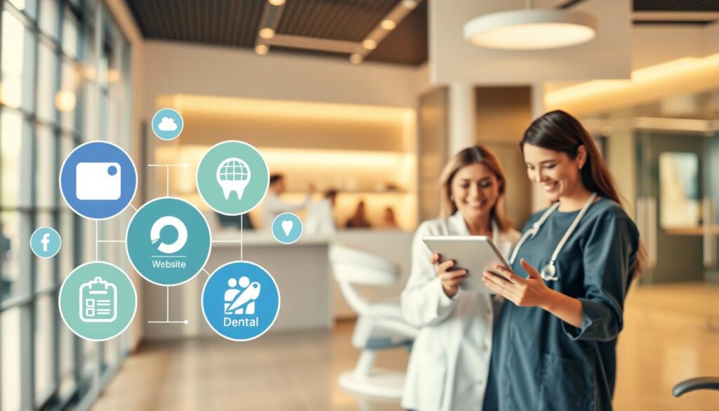 A vibrant, visually engaging image of digital marketing strategies for dental clinics. The foreground features a stylized graphic with icons representing social media platforms, website, search engine optimization, and online advertising. The middle ground showcases a group of smiling patients engaging with a dentist on a tablet device, highlighting the importance of digital patient engagement. The background features a blurred, modern dental clinic interior with sleek, minimalist design elements. The lighting is warm and natural, creating a professional, trustworthy atmosphere. The overall composition conveys the power of digital marketing to attract and retain dental patients in an increasingly online world.