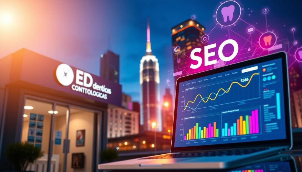 A vibrant, visually engaging image showcasing "SEO para clínicas odontológicas" within a digital marketing landscape. In the foreground, a dentist's office facade stands prominently, its signage and logo conveying professionalism and expertise. The midground features a laptop displaying search engine optimization metrics and analytics, with colorful graphs and charts illustrating the concepts of online visibility and organic traffic. The background depicts a cityscape, representing the broader digital ecosystem in which the dental clinic operates, with skyscrapers and technology symbols subtly hinting at the importance of a strong online presence. The lighting is warm and inviting, creating a sense of authority and trustworthiness. The overall composition and angle evoke a sense of balance, dynamism, and the successful integration of traditional and digital marketing strategies for dental clinics.