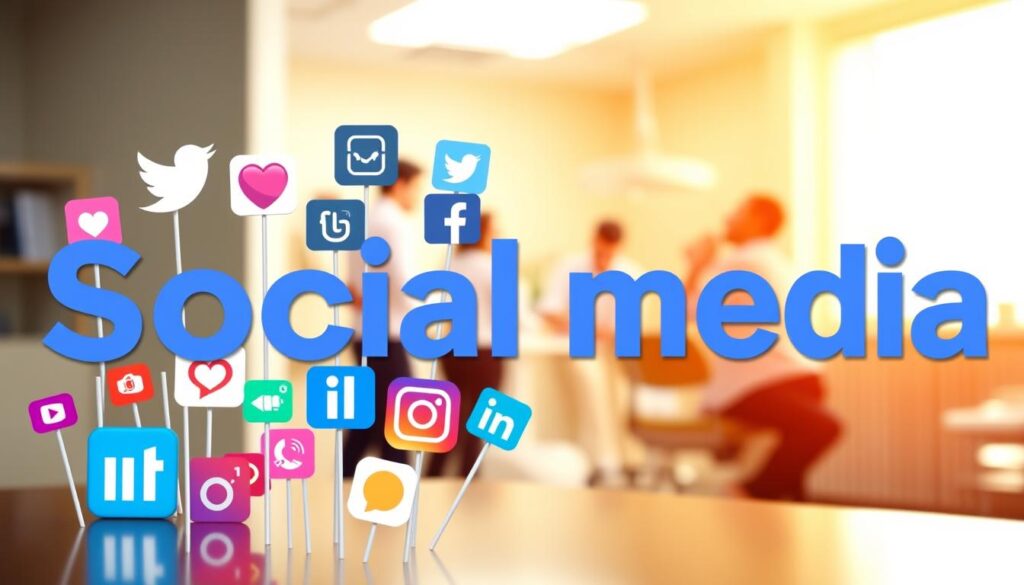 A vibrant, visually engaging image showcasing the power of social media for dental clinics. In the foreground, a diverse array of social media platforms, each with its distinct design and branding, are seamlessly integrated, suggesting the synergistic nature of a comprehensive digital marketing strategy. The middle ground features a dental clinic setting, with patients interacting with dental professionals, emphasizing the real-world applications of these digital tools. The background is softly blurred, creating a sense of depth and focus on the core elements. The lighting is warm and inviting, with a subtle glow that enhances the professionalism and approachability of the scene. The overall atmosphere conveys the idea that social media can be a powerful tool for dental clinics to connect with their patients, build their brand, and drive tangible business results.
