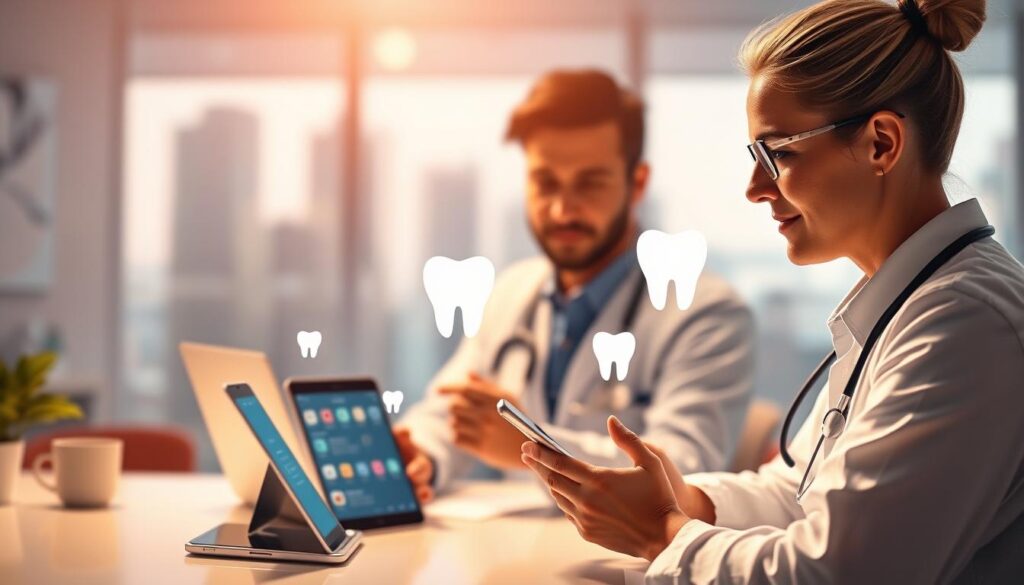 A visually compelling multi-channel digital marketing strategy for dentistry, captured in a soft, modern illustration. In the foreground, a dentist consults with a patient, their focused expressions conveying professionalism and empathy. In the middle ground, various digital devices - a smartphone, tablet, and laptop - showcase integrated online platforms, from social media to telemedicine. The background features a blurred cityscape, hinting at the wider ecosystem of a thriving dental practice. Warm, directional lighting accentuates the subjects, creating a sense of depth and dynamism. The overall mood is one of innovation, accessibility, and patient-centered care.