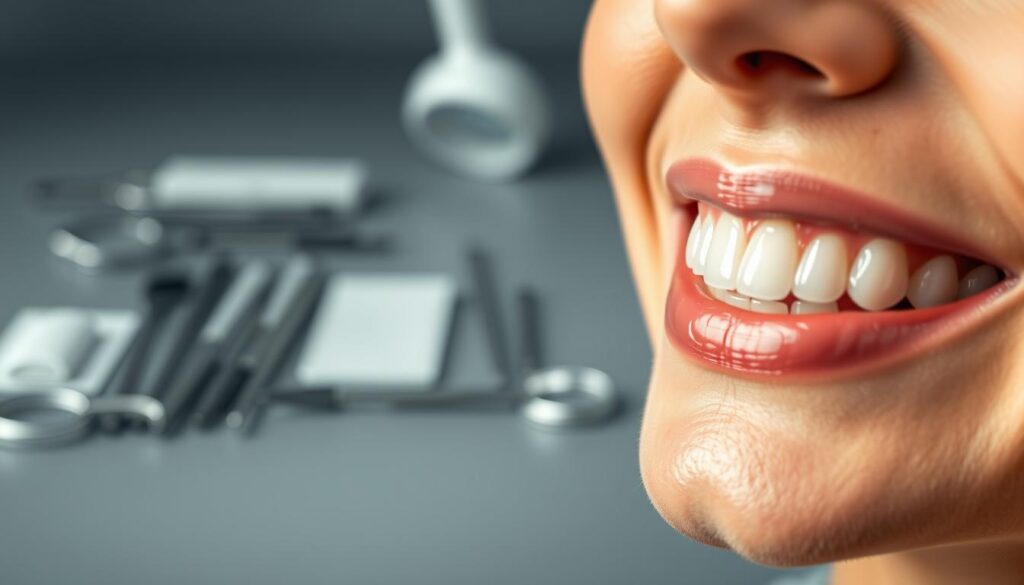 A visually striking dental advertisement showcased in a contemporary, minimalist style. The foreground features a close-up of a smiling patient's teeth, highlighting the pristine whiteness and perfect alignment, conveyed through a soft, diffused lighting that accentuates the natural textures. The middle ground showcases an array of dental tools and instruments, arranged in a clean, organized manner, suggesting professionalism and attention to detail. The background features a muted, gradient-based color palette, creating a sense of depth and sophistication. The overall mood is one of clinical excellence, dental expertise, and patient satisfaction, perfectly suited to promote a dental practice.