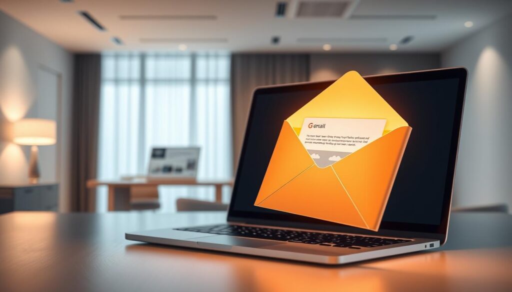 A visually striking email marketing campaign with a polished, professional aesthetic. In the foreground, a stylized email envelope glides gracefully, radiating a soft, warm glow. In the middle ground, a sleek laptop displays a meticulously crafted email template, its design elements arranged with precision. The background showcases a serene, minimalist office environment, with clean lines and subtle textures that create a sense of sophistication. The overall composition conveys a message of direct, personalized communication - a powerful tool for dental digital marketing. Rendered in a cinematic, high-contrast lighting scheme that enhances the modern, aspirational mood.