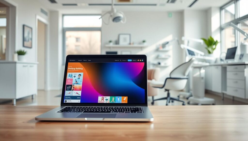 A visually striking social media content for dental clinics, showcasing a stylish, modern office interior. In the foreground, a sleek laptop displays social media graphics and designs, with a vibrant, eye-catching color palette. The middle ground features a cozy waiting area with comfortable chairs and minimalist decor, creating a welcoming atmosphere. The background highlights the clinic's state-of-the-art equipment and medical supplies, subtly conveying the professionalism and expertise of the dental practice. Soft, natural lighting from large windows illuminates the scene, accentuating the clean, sophisticated aesthetic. The overall mood is one of approachability, trustworthiness, and attention to detail - qualities that would appeal to prospective patients.