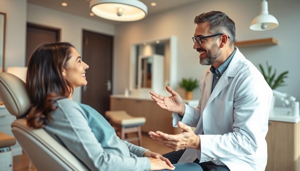 A warm and inviting dental office setting, with a dentist and patient engaged in a friendly and personalized consultation. The dentist, dressed in a crisp white coat, leans forward, making eye contact and gesturing empathetically as they discuss the patient's dental needs. The patient, seated comfortably in a plush chair, appears relaxed and at ease, reflecting the dentist's attentive and caring demeanor. Soft, diffused lighting creates a calming atmosphere, while the background showcases modern, clean-lined furnishings and décor, exuding professionalism and attention to detail. The scene conveys a strong sense of trust, open communication, and personalized patient-centric care, embodying the essence of effective dental relationship marketing.