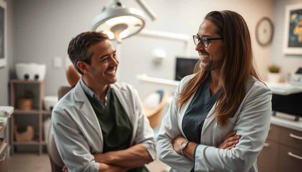 A warm and inviting dental office setting, with a professional yet friendly dentist in the foreground, engaged in a caring conversation with a smiling patient. The dentist's body language conveys attentiveness and empathy, creating a sense of trust and comfort. The background features modern, well-lit medical equipment and decor, suggesting a clean, state-of-the-art facility. Soft, natural lighting casts a soothing ambiance, and the overall composition exudes a sense of organic, personalized care.