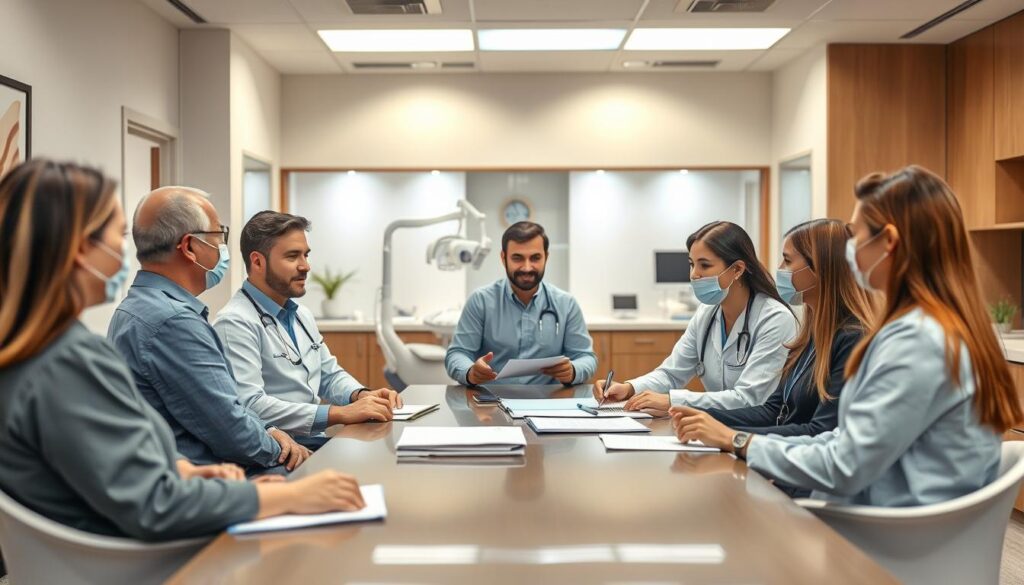 A warm and professional-looking office setting, with a team of dental professionals engaged in a collaborative meeting. The foreground features a group of doctors and staff seated around a conference table, discussing patient files and treatment plans. The middle ground showcases modern dental equipment and technology, reflecting the advanced capabilities of the practice. The background depicts a clean, well-lit reception area, with inviting decor that puts patients at ease. Soft, diffused lighting creates a calm and reassuring atmosphere, while strategic camera angles capture the essence of effective team management in a dental clinic.