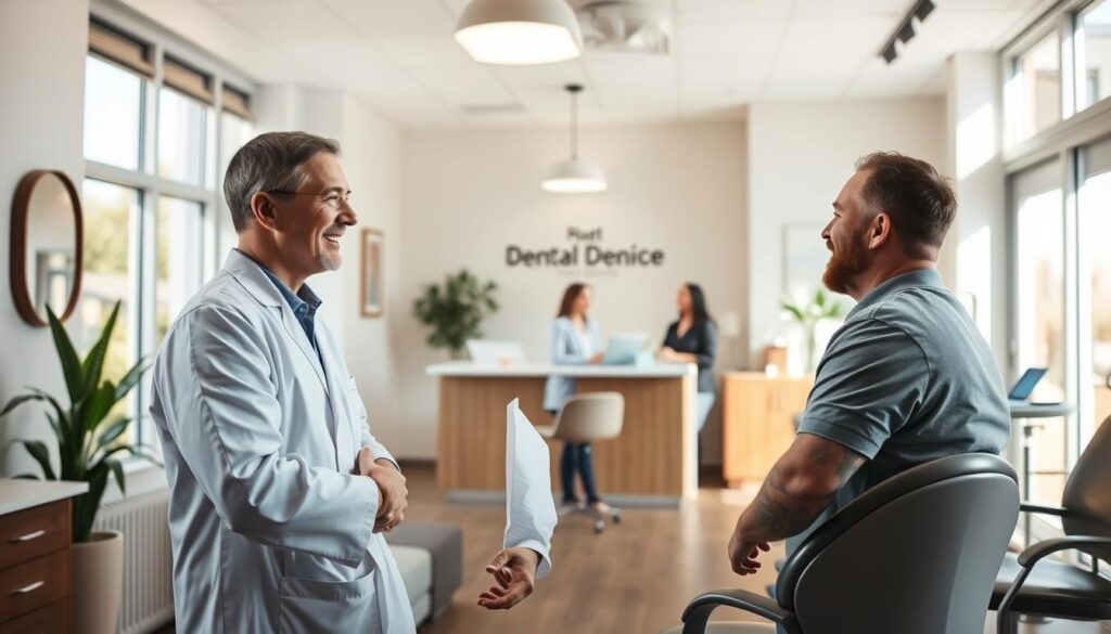 A warm and welcoming dental clinic interior, bathed in natural light streaming through large windows. In the foreground, a kind-looking dentist in a pristine white coat engages attentively with a patient, their expressions conveying a sense of trust and understanding. Tasteful, modern furnishings and decor create a calming, professional atmosphere, while the middle ground features a reception area where a smiling staff member assists other patients. The background subtly suggests the clinic's focus on personalized, high-quality care through subtle, tasteful branding elements. The overall scene evokes a patient-centric experience, where comfort, expertise, and individualized attention are the top priorities.