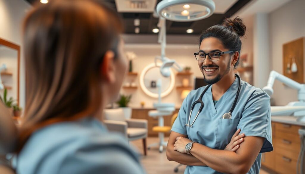 A warm and welcoming dental clinic interior, with a cheerful dentist attentively interacting with a patient in the foreground. The dentist's body language and facial expression convey empathy and care. In the middle ground, a cozy waiting area with comfortable chairs and soft lighting creates a relaxing atmosphere. The background features modern dental equipment and decor, reflecting a professional and well-equipped practice. The overall scene captures the essence of a positive patient-dentist relationship in a high-quality, well-designed dental office.
