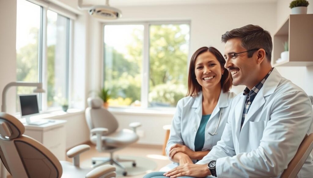 A warm and welcoming dental office, bathed in soft, natural lighting. In the foreground, a friendly dentist in a white coat engaged in a caring, attentive conversation with a patient, their expressions conveying compassion and trust. The middle ground features a modern, soothing interior design with ergonomic chairs and calming colors, creating a sense of comfort and ease. In the background, a window offers a view of a tranquil, verdant outdoor space, symbolizing the holistic, nurturing approach to dental care. The overall atmosphere exudes a balance of professionalism and personalized, human-centric service.