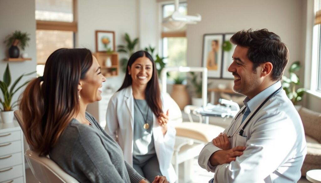 A warm, compassionate dental office setting. In the foreground, a dentist and patient engage in a friendly, open conversation, their body language conveying trust and comfort. The dentist's expression is attentive and reassuring. Soft, natural lighting filters through large windows, creating a calming atmosphere. The middle ground features modern, well-equipped dental chairs and clean, organized instruments, reflecting a high-quality, patient-centric approach. The background showcases soothing decor elements like plants, artwork, and comfortable seating, creating a welcoming, homelike ambiance. Overall, the scene conveys a holistic, humanized dental experience focused on the patient's well-being.
