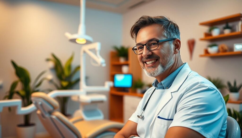 A warm, empathetic dental clinic interior. In the foreground, a dentist attentively listens to a patient, their expression reassuring and personable. Indirect lighting casts a soft glow, creating a calming atmosphere. The mid-ground features modern dental equipment seamlessly integrated, conveying professionalism. The background showcases soothing nature-inspired decor, such as potted plants and wooden accents, fostering a sense of comfort. The overall scene exudes a human-centric approach to dental care, prioritizing the patient's well-being and experience.