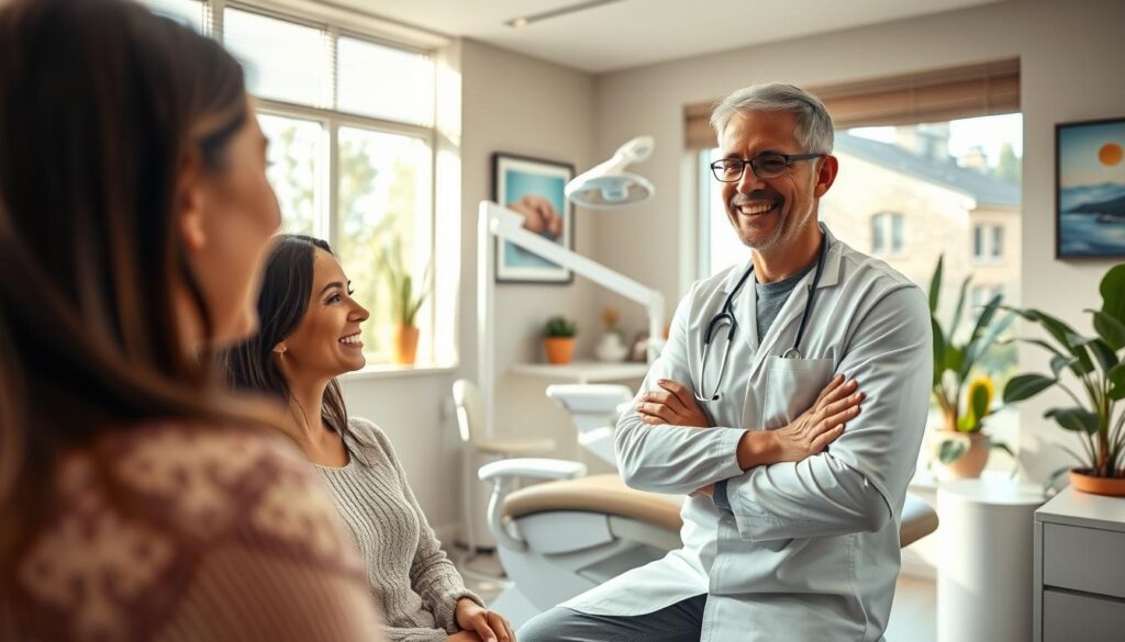 A warm, friendly dentist office setting. In the foreground, a smiling dentist engages with a patient, their body language conveying open and compassionate communication. The middle ground features a modern, well-equipped dental chair and medical equipment, suggesting a high-quality, professional clinical environment. The background depicts a calming, relaxing atmosphere with soothing artwork on the walls and potted plants, creating a sense of comfort and care. Soft, natural lighting filters through large windows, illuminating the scene. The overall mood is one of trust, empathy, and patient-centric dental care.