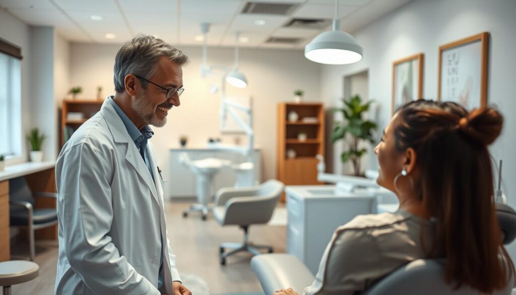 A warm, inviting dental clinic interior with a caring dentist consulting with a patient in the foreground. The dentist, wearing a white coat, is leaning in and making eye contact, conveying empathy and attentiveness. In the middle ground, the waiting area features comfortable chairs and modern décor, creating a relaxing atmosphere. The background showcases medical equipment and dental tools, subtly suggesting a professional, state-of-the-art facility. Soft, diffused lighting gently illuminates the scene, contributing to an atmosphere of trust and personalized care.