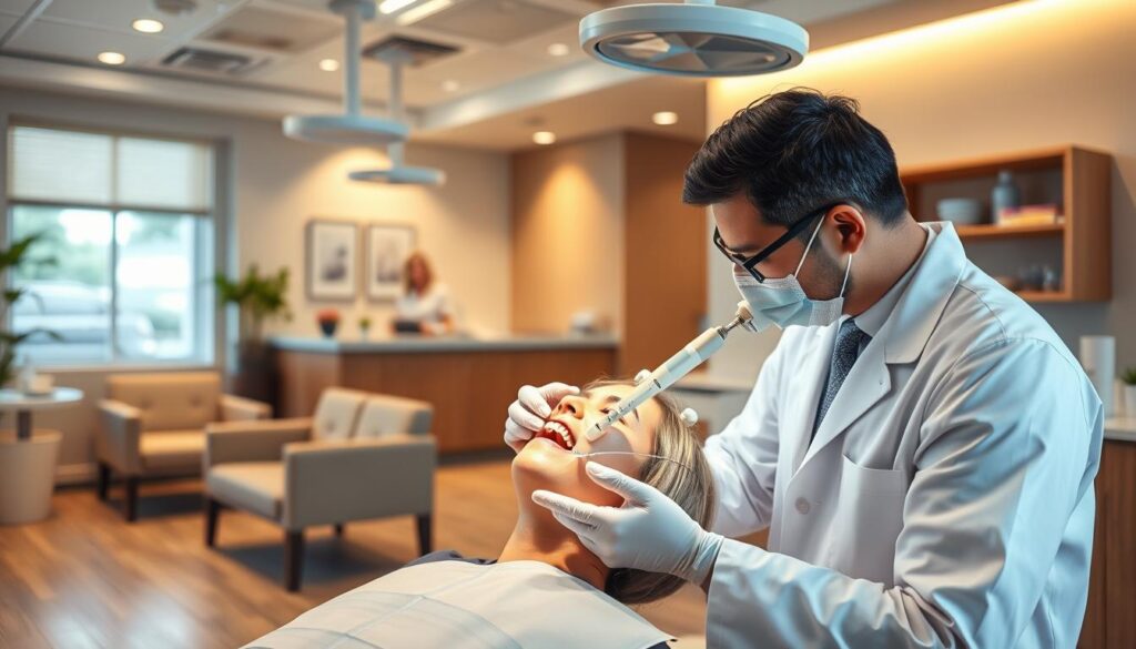 A warm, inviting dental clinic interior with a focus on the patient's experience. A dentist in a white coat carefully examining a patient's teeth, using advanced medical equipment. The lighting is soft and natural, creating a calming atmosphere. The clinic's decor features soothing earth tones and natural materials, conveying professionalism and care. In the background, a row of comfortable waiting room chairs and a reception desk, where a friendly staff member assists other patients. The overall scene emphasizes the importance of patient-centric care, with the dentist's attentive examination and the clinic's welcoming ambiance.