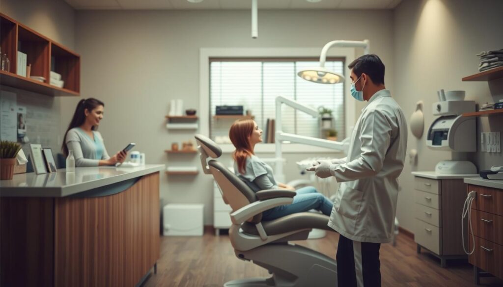 A warm, inviting dental clinic interior with a friendly receptionist greeting patients at the front desk. In the middle ground, a patient sits comfortably in a modern, ergonomic dental chair, receiving attentive care from a skilled dentist. The background showcases various dental equipment and supplies, conveying a sense of professionalism and expertise. The lighting is soft and natural, creating a calming atmosphere. The color palette is muted and earthy, reflecting a sense of trust and comfort. The overall scene communicates the importance of patient loyalty and the practice's commitment to exceptional dental care.