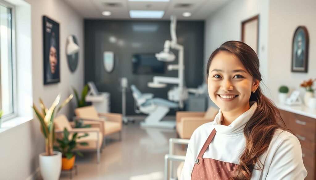 A warm, inviting dental clinic interior. In the foreground, a friendly receptionist greets patients with a welcoming smile. The middle ground features a clean, modern waiting area with comfortable seating and stylish decor. In the background, an examination room with state-of-the-art dental equipment conveys a sense of professionalism and high-quality care. Soft, natural lighting illuminates the space, creating a calming atmosphere. The overall scene evokes a positive, trustworthy impression that encourages patients to feel at ease and confident in the practice.
