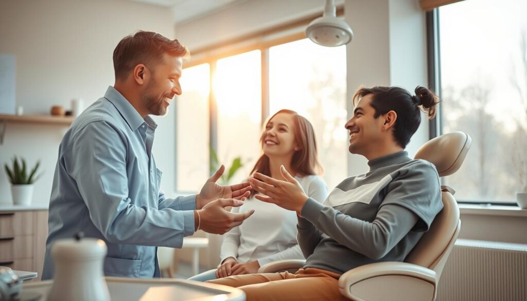 A warm, inviting dental clinic setting with a dentist and patient engaged in a friendly, attentive conversation. The dentist leans forward, making eye contact and gesturing as they explain treatment options. The patient appears relaxed and engaged, conveying a sense of trust and comfort. Soft, natural lighting filters through large windows, creating a calming atmosphere. The decor is modern and minimalist, with clean lines and soothing earth tones. The overall scene emphasizes the importance of the dentist-patient relationship, going beyond the typical clinical interaction.