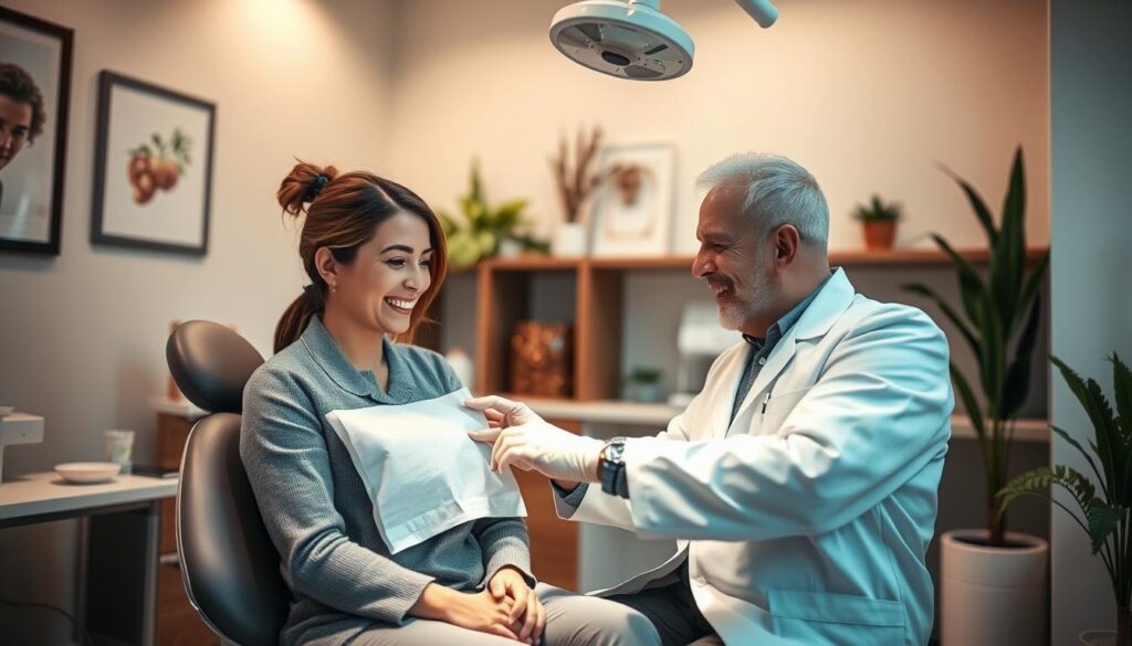 A warm, inviting dental office interior with a caring dentist attentively examining a patient. Soft, diffused lighting creates a calming atmosphere. The dentist's body language expresses empathy and reassurance. The patient sits comfortably, their facial expression reflecting trust and ease. In the background, a soothing, nature-inspired decor with plants and natural materials evokes a sense of wellness. The scene conveys a holistic, patient-centric approach to dental care, prioritizing the human connection and emotional well-being of the individual.