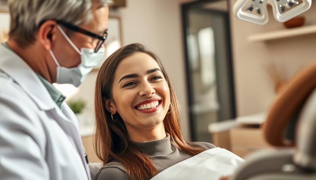 A warm, inviting dental office interior, with a modern, clean aesthetic. The patient's experience is the focal point - a close-up view of a patient's smiling face as they receive attentive care from a friendly, compassionate dentist. The room is bathed in soft, natural lighting, creating a calming atmosphere. The dentist and patient are engaged in a collaborative dialogue, with the patient's comfort and satisfaction clearly prioritized. The office's decor features soothing earth tones and natural materials, conveying a sense of professionalism and personalized, high-quality care. The overall impression is of a patient-centric, cutting-edge dental practice that prioritizes the well-being and satisfaction of its clients.
