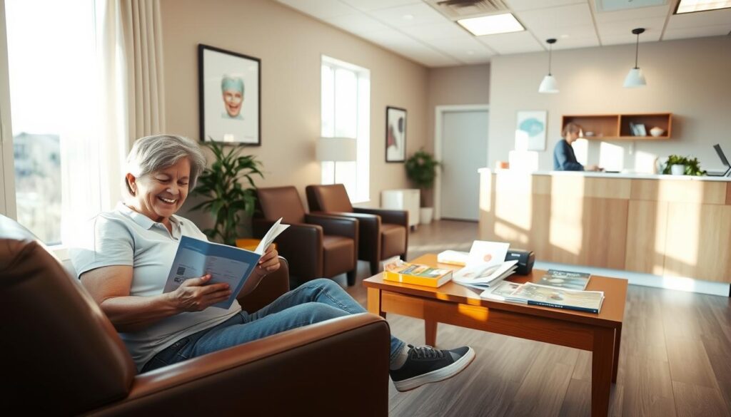 A warm, inviting dental office waiting room with natural light streaming through large windows. In the foreground, a smiling patient reading a magazine on a plush leather armchair. In the middle ground, a wooden coffee table with an assortment of educational dental brochures and magazines. In the background, a reception desk with a friendly staff member assisting another patient. The room has a calming, modern aesthetic with neutral tones and natural materials. The overall atmosphere conveys comfort, trust, and professionalism - creating a welcoming environment for dental patients.