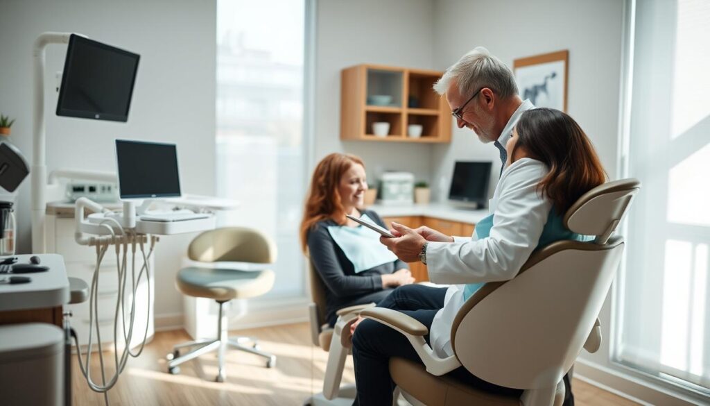 A warm, inviting dental office with a patient and dentist engaged in a friendly consultation. The patient is seated comfortably in a modern, ergonomic chair, while the dentist leans in, explaining something while making eye contact. Soft, natural lighting illuminates the scene, creating a calming atmosphere. The office is clean, organized, and equipped with state-of-the-art dental technology, conveying professionalism and attention to detail. The overall mood is one of trust, empathy, and personalized care, reflecting the importance of building strong patient relationships.