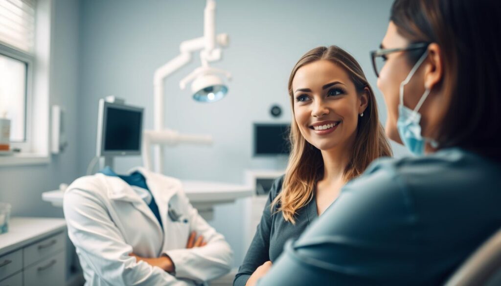 A warm, professional medical office setting with an attentive dentist or dental assistant engaged in a caring consultation with a patient. The scene features the dentist and patient in the foreground, making eye contact and discussing treatments or procedures, with a clean, modern dental examination room visible in the middle ground. The atmosphere conveys a sense of trust, empathy, and open communication between the healthcare provider and patient. Soft, diffused lighting illuminates the scene, creating a calming, welcoming ambiance. The overall composition and details emphasize the importance of patient-centered relationship management in the dental healthcare context.