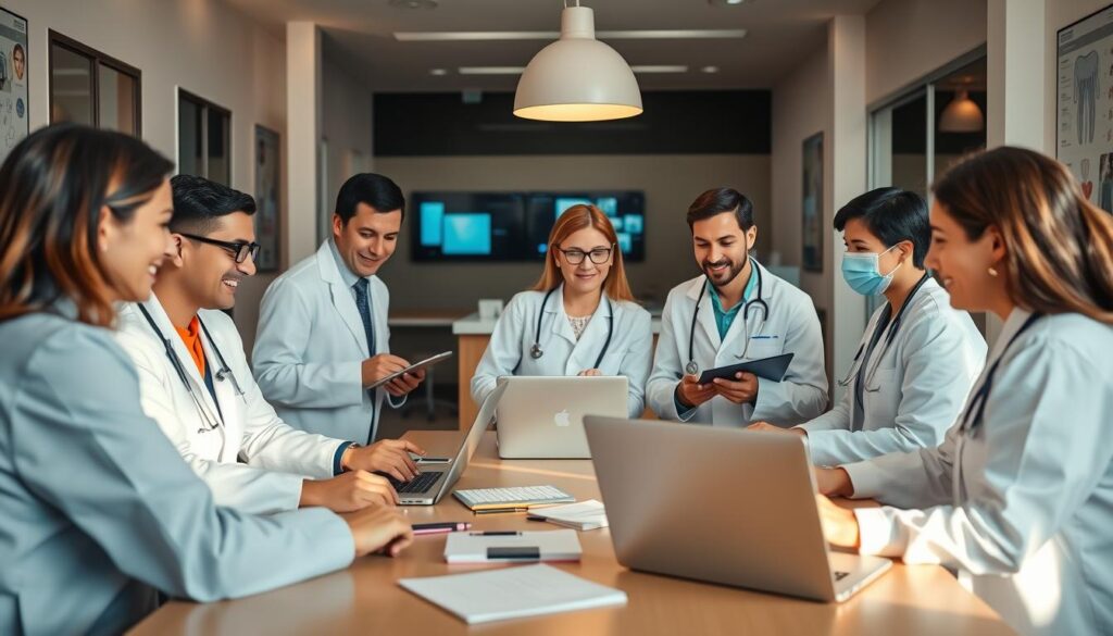 A warm, professional office environment with a team of dental experts collaborating on ethical social media strategies. The foreground features a group of diverse dentists and dental hygienists gathered around a table, laptops and notepads in hand, engaged in a lively discussion. The middle ground showcases various digital devices and screens displaying social media platforms. The background subtly hints at the clinic's branding and decor, conveying a sense of modern, well-equipped medical facilities. Soft, natural lighting casts a harmonious glow, and the overall atmosphere radiates a balance of clinical expertise and thoughtful digital marketing.