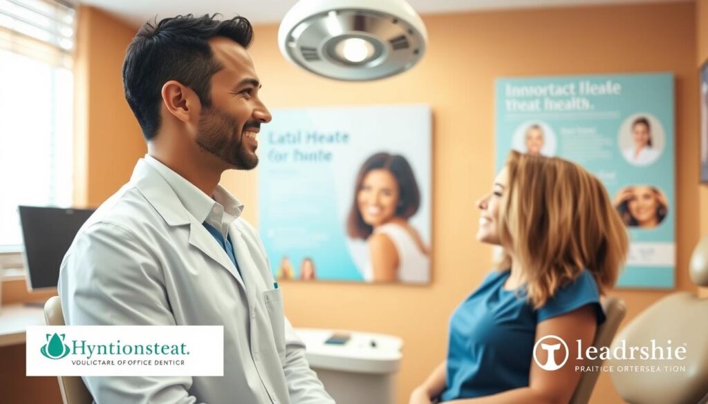 A warm-toned, well-lit dental office interior with a prominently featured dentist or dental hygienist in the foreground, engaged in a friendly consultation with a patient. The dentist should have a welcoming, approachable demeanor, conveying trust and expertise. The patient should appear relaxed and comfortable. The background should feature informative, visually appealing content on dental health, treatments, or services that could attract potential patients. Subtle branding elements, such as a practice logo or name, may be present but should not dominate the scene. The overall mood should be professional, educational, and inviting.