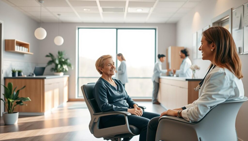 A warm, welcoming clinic interior with a modern, minimalist aesthetic. In the foreground, a patient sits comfortably in an ergonomic chair, speaking with a kind, attentive healthcare professional. The middle ground showcases a clean, organized reception area with a helpful staff member assisting another patient. In the background, a large window offers a pleasant, natural view, bathing the space in soft, diffused lighting. The overall atmosphere conveys a sense of care, professionalism, and a patient-centric experience.