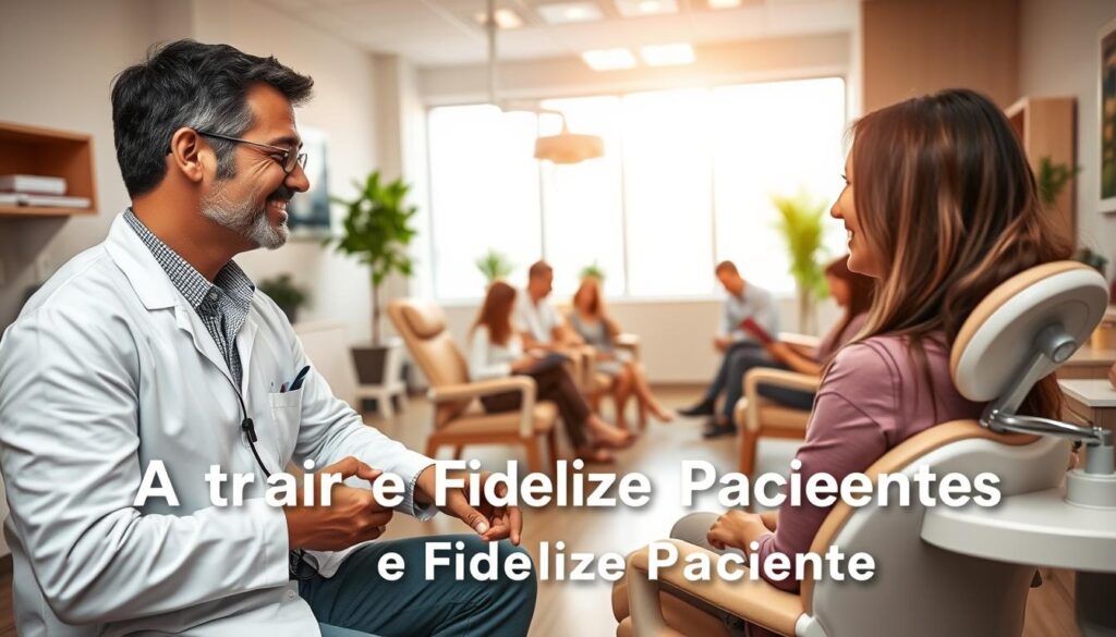A warm, welcoming dental clinic interior with comfortable chairs, clean surfaces, and modern equipment. In the foreground, a friendly dentist speaking to a patient, their expressions conveying trust and rapport. The middle ground features a group of patients in the waiting area, engaged with magazines or chatting casually. The background showcases bright, natural lighting filtering through large windows, creating a calming atmosphere. The scene radiates professionalism, empathy, and a patient-centric approach, effectively illustrating the concept of "Atrair e Fidelizar Pacientes".