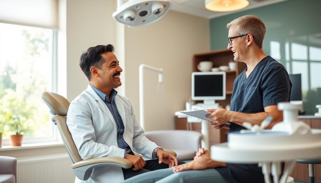 A warm, welcoming dental office interior with a friendly dentist and a relaxed patient sitting comfortably in the examination chair. The room is filled with natural light from large windows, creating a calming atmosphere. Modern, ergonomic equipment and soothing colors on the walls contribute to the patient's sense of ease. The dentist is making eye contact and explaining the treatment plan using clear, empathetic communication. The patient's expression reflects an engaged, collaborative experience, free of anxiety or discomfort.