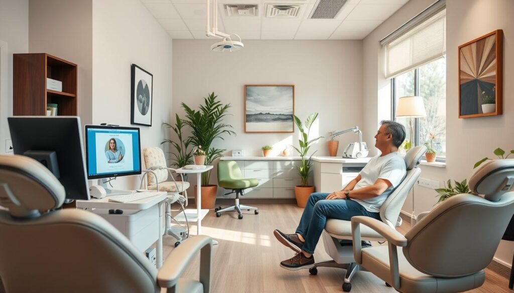 A warm, welcoming dental office interior with inviting chairs, calming colors, and modern equipment. In the foreground, a dentist and patient engaged in friendly conversation, establishing a sense of trust and care. The middle ground showcases various dental tools and a computer screen displaying patient information, hinting at the professionalism and attention to detail. The background features soothing artwork, potted plants, and abundant natural light, creating a relaxing atmosphere that promotes patient comfort and loyalty. The scene conveys a well-organized, patient-centric practice focused on building long-term relationships.