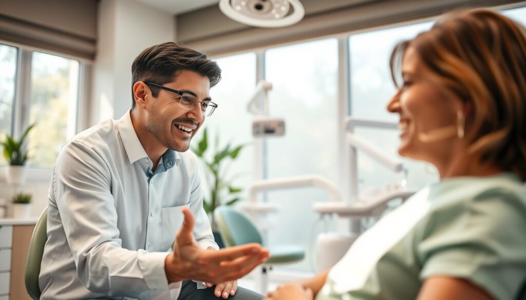 A warm, welcoming dental office setting with a dentist and patient engaged in open, friendly dialogue. The dentist leans forward, making eye contact and using expressive hand gestures to illustrate their points. The patient appears relaxed and receptive, nodding along attentively. Soft, natural lighting filters in through large windows, creating a calming atmosphere. The room is organized and professional, with modern dental equipment visible in the background. Subtle green accents and plants add a touch of nature, conveying a sense of care and comfort.