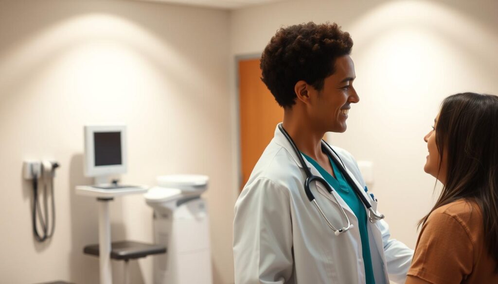 A warm, welcoming doctor's office setting. In the foreground, a healthcare professional warmly engaged in conversation with a patient, their body language conveying empathy and understanding. The middle ground features a well-organized, modern examination room with subtle medical equipment, creating a sense of professionalism and care. The background depicts a calming, neutral-toned wall, with soft, indirect lighting illuminating the space and fostering a comfortable, therapeutic atmosphere. The overall scene exudes a sense of trust, open communication, and a patient-centric approach to healthcare.