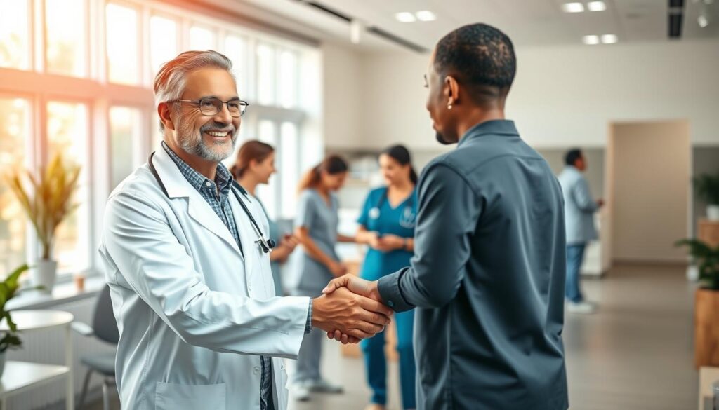 A warm, welcoming medical clinic with a focus on patient loyalty. In the foreground, a smiling doctor in a crisp white coat warmly shakes hands with a grateful patient. In the middle ground, nurses assist patients with care and comfort. The background depicts a modern, well-equipped facility with soothing natural lighting and calming pastel tones. The overall scene conveys a sense of trust, empathy, and a commitment to building long-term relationships with patients.