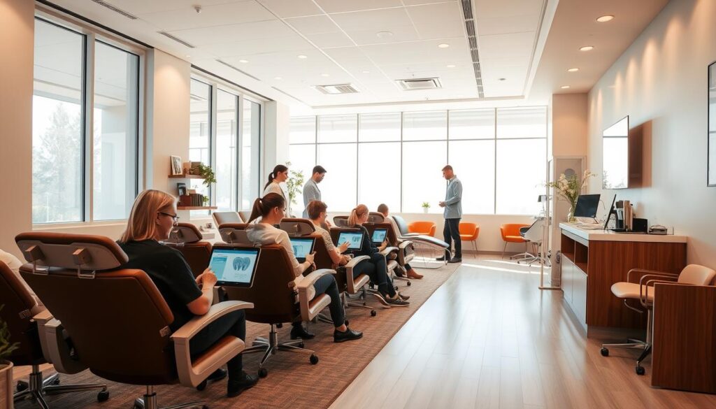 A welcoming and modern dental clinic interior, with a spacious and well-lit reception area. Patients sit comfortably in ergonomic chairs, engaged with digital tablets that display their treatment information. The clinic's staff move efficiently, providing personalized attention and addressing any concerns. Large windows allow natural light to flood the space, creating a calming atmosphere. Sleek, minimalist furnishings and warm, earthy tones convey a sense of professionalism and care. The overall experience exudes an atmosphere of trust, comfort, and a focus on the patient's well-being.