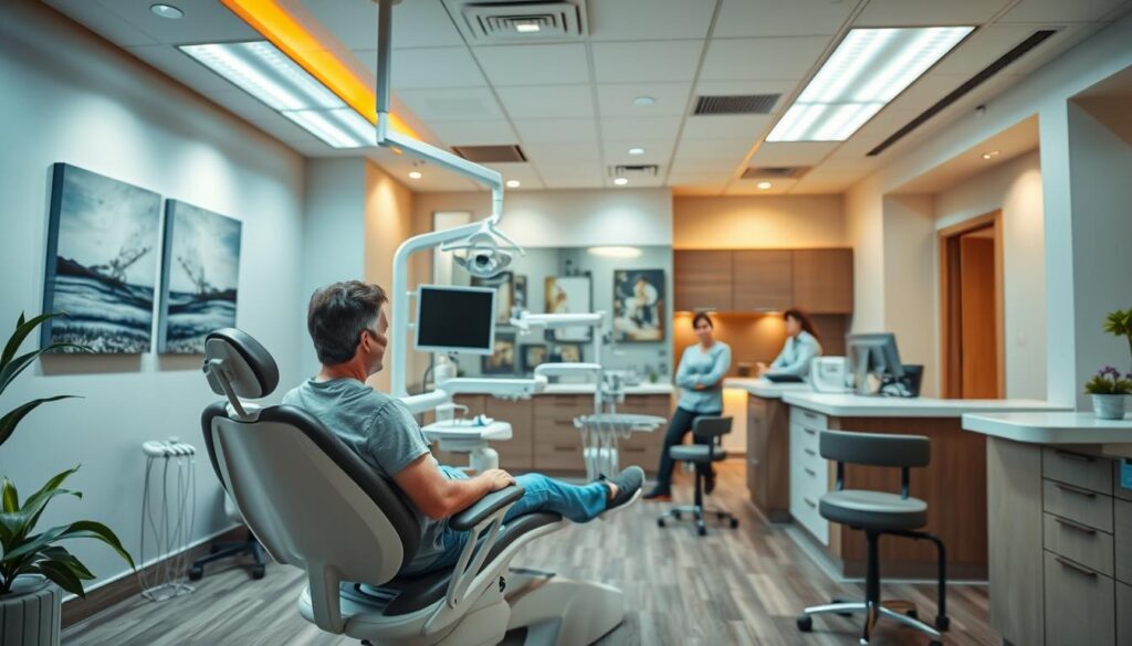 A welcoming dental clinic interior with warm lighting and modern decor. In the foreground, a patient sits comfortably in an examination chair, engaged with a friendly dentist. The middle ground showcases state-of-the-art dental equipment and soothing artwork on the walls, creating a calming atmosphere. The background features a reception area with a helpful staff, inviting patients to feel at ease. The scene conveys a sense of professionalism, care, and a patient-centric experience, reflecting the impact of effective dental practice management software on client satisfaction.