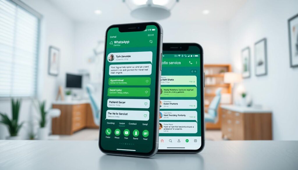 A well-designed WhatsApp interface for dental clinics, featuring a clean and intuitive design. The foreground showcases a sleek smartphone display with the WhatsApp app open, displaying a conversation centered around dental services and patient communication. The middle ground includes icons and user interface elements that highlight key features like appointment scheduling, patient inquiries, and messaging functionality. The background depicts a serene, professional office setting with dental equipment and decor, conveying a sense of medical expertise and trustworthiness. The lighting is soft and natural, creating a calming and approachable atmosphere. The overall composition and styling suggest an efficient, modern, and patient-centric digital tool for dental clinics.