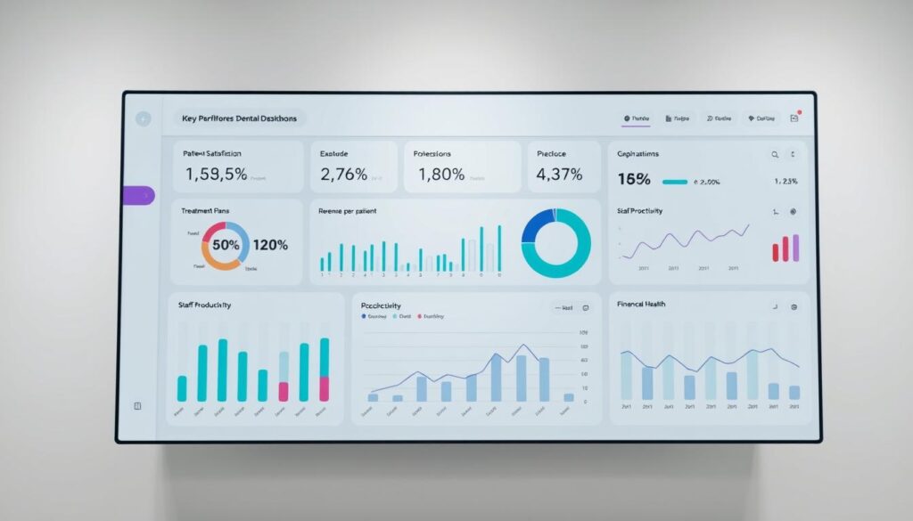 A well-designed dental clinic dashboard displaying key performance indicators (KPIs) relevant to the dental practice. The foreground showcases a clean, minimalist interface with intuitive visualizations of essential metrics such as patient satisfaction, treatment plan acceptance rates, and revenue per patient. The middle ground features interactive charts and graphs that provide detailed insights into operational efficiency, staff productivity, and financial health. The background subtly blends a soothing, professional color palette with a sense of depth and balance, creating a visually appealing and informative display. Lighting is soft and even, with a slight directional emphasis to highlight the critical data points. The overall composition conveys a sense of clarity, organization, and data-driven decision-making, perfectly suited to illustrate the "Indicadores de desempenho (KPIs) que todo dentista deve monitorar" section of the article.